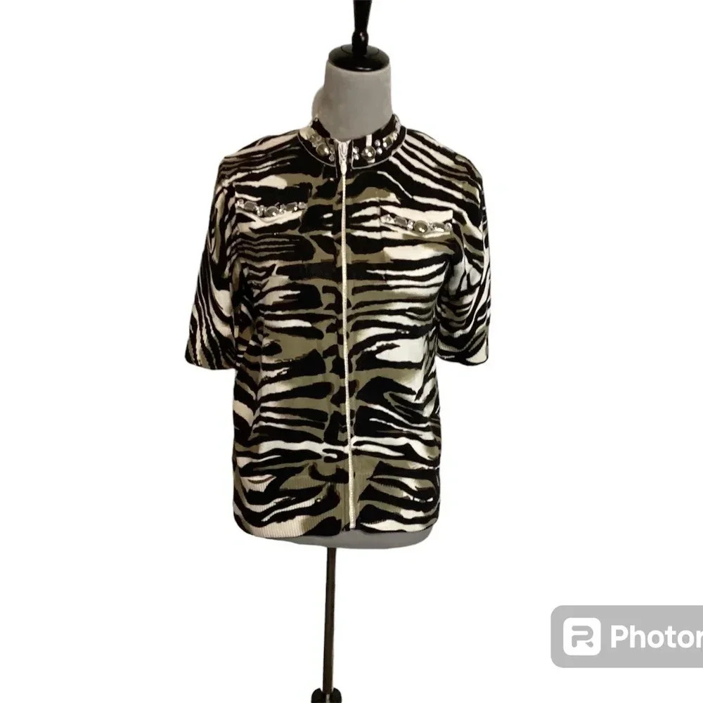 Just B Cardigan Sweater 90’s Vintage Zebra Print Embellished Wonmens SZ L